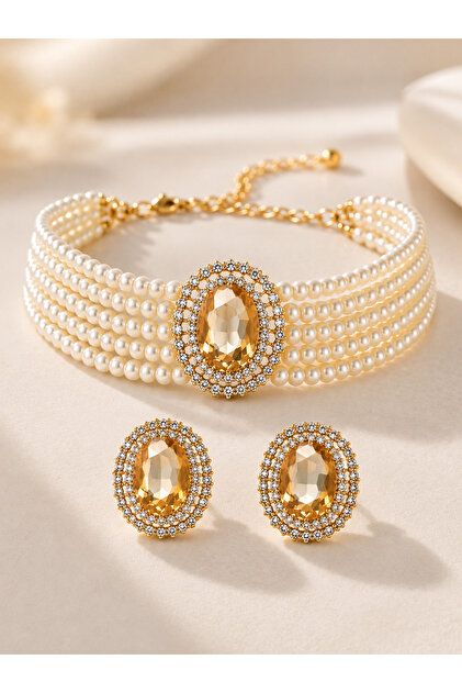 Women's 2-Piece Pearl Necklace and Gold Crystal Earrings Set