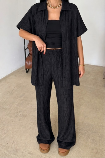 Textured Wrinkled Fabric Textured Women's Top and Bottom Shirt Pants Set