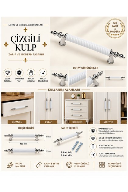 Inci Kombin Lüks Modern Dolap Çekmece Kulpları 96 Mm Krom Beyaz