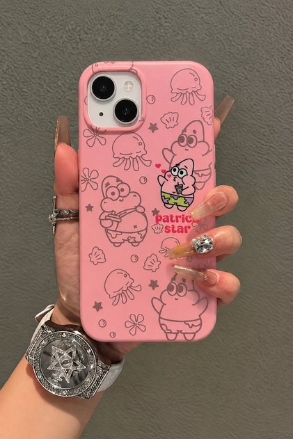 iPhone 13 / 14 / 15 Uyumlu Pembe Patrick Star Deniz Temalı Sevimli Desenli Telefon Kılıfı