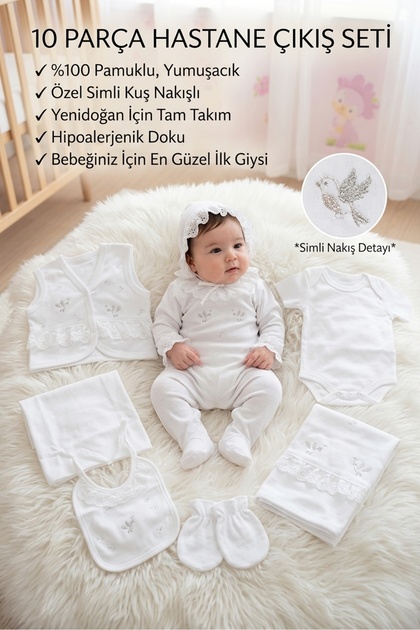 Baby Girl Gaye Organic 0-3 Months Silvery Bird Embroidered 10-Piece Hospital Release Zibin Set
