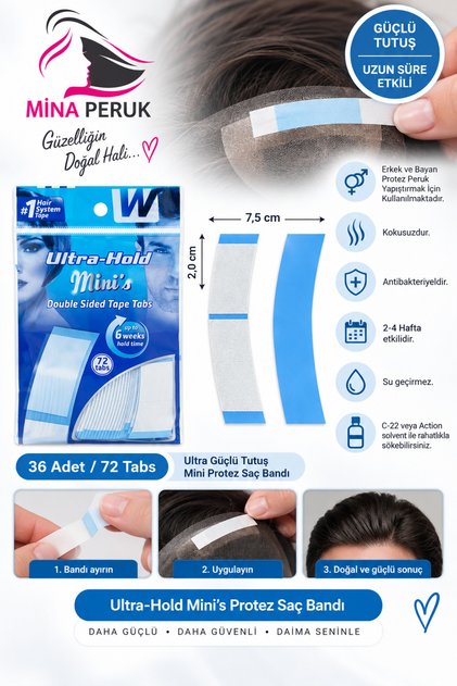 Ultra-Hold Mini’s Protez Saç Yapıştırma Bandı 36 TABLET 72 ADET – Su Geçirmez, 2-4 Hafta Etkili