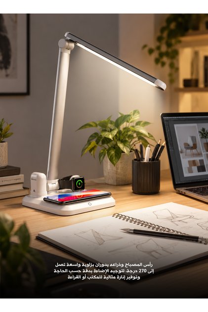 مصباح مكتب مع شاحن لاسلكي بقوة 10 واط، إضاءة دوارة قابلة للتعديل، منفذ شحن USB-A، تحكم باللمس، وظيفة الذاكرة ومؤقت لمدة ساعة واحدة