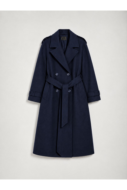 Navy Blue Belted New Season Lined Premium Quality Women's Cashmere Coat