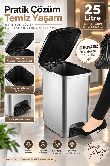 Slim Pedallı Banyo Mutfak Çöp Kovası(İÇ KOVASIZ) - 25 Litre - Antrasit