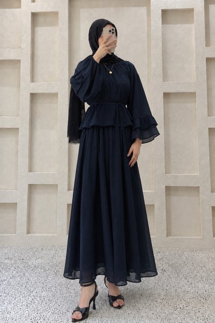 Women's Flounce Sleeve Double Skirt Set M41675 - Navy Blue