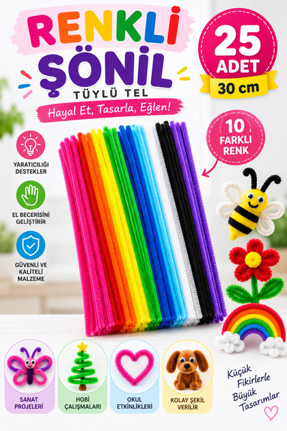 25 Adet, Şönil, Eğitici Şönil Seti, 30 Cm, Tüylü Tel, Renkli