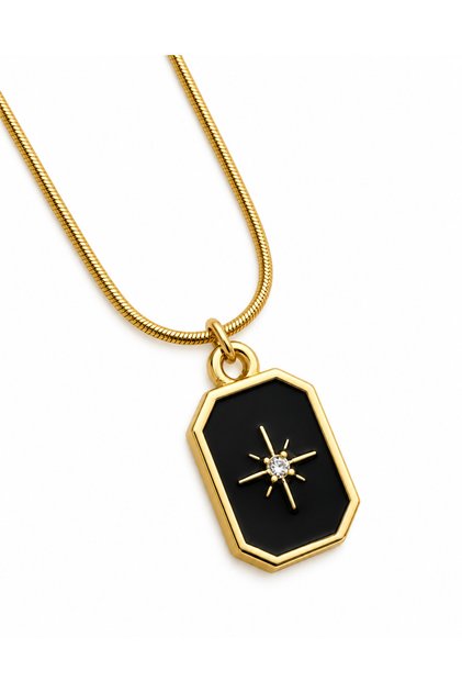 Kararmaz Çelik Gold Renk Kolye Siyah Mineli Yıldız Detaylı Unisex Kolye Yılan Zincir Handmade
