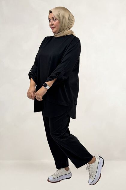 67074 Large Size Men's Collared Skirt with Modal Pants Set - Black