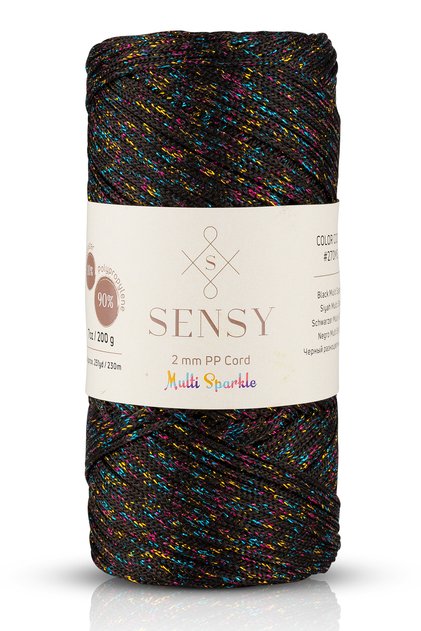 Multi Sparkle Glitter Multi Colored 200 gr Polyester Macrame Thread Black 2 Mm - 230 M