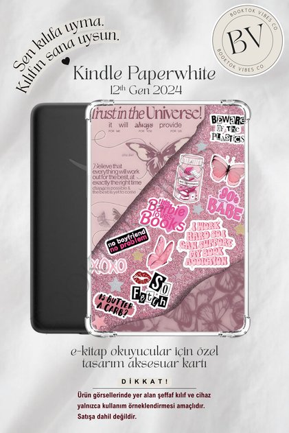 Bookish Pembe Girly Sticker Temalı Insert - Kindle ve Kobo E-Kitap Okuyucuları için Aksesuar Kartı