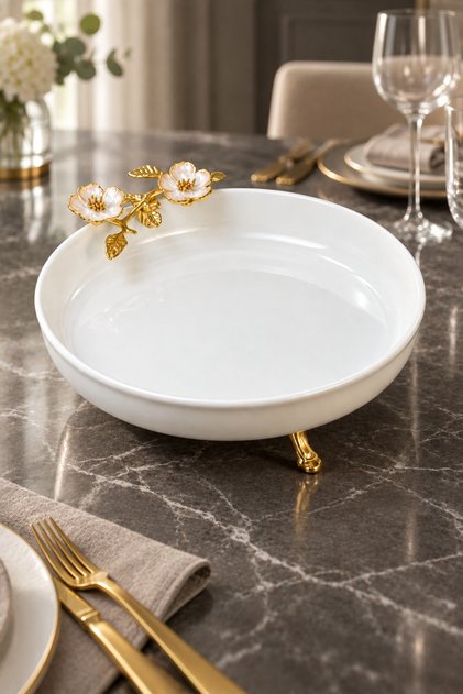 Laleza Taban Ayaklı Sunum Kasesi & Porselen Gold Detaylı Ayaklı Kase