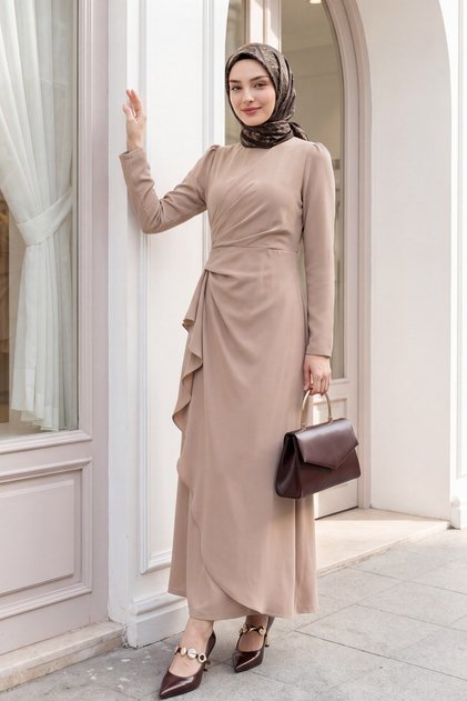Front Pleated Asymmetric Hem Crepe Dress - Beige