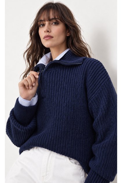 Navy Blue Zippered Knitwear Sweater