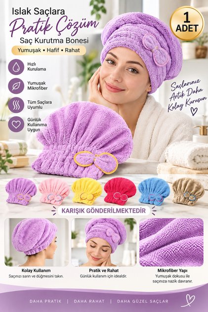 Saç Kurutma Bonesi Kafa Havlusu Duş Bonesi Islak Saç Kurulama Bonesi Mikrofiber Tüm Saçlara Uyumlu