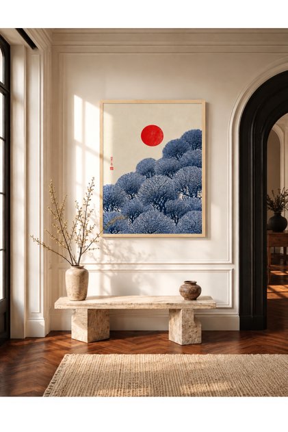 Çerçeveli MDF Japon Güneşi ve Mavi Ağaç Poster Tablo | Japandi Dekor