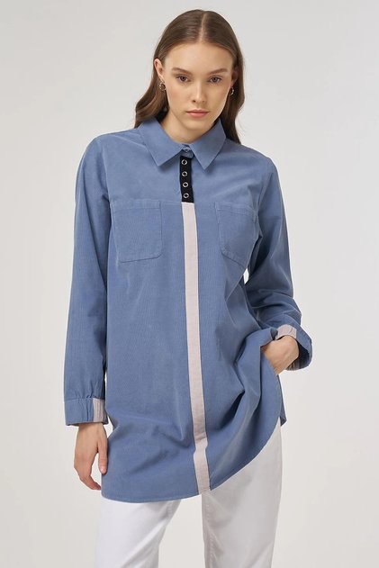 Shirt Collar Velvet Tunic Indigo