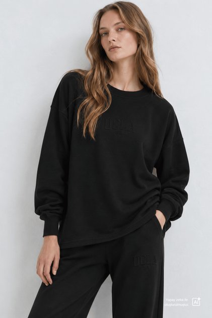 Elowen Black Crew Neck Seersucker Printed Soft-Textured Modal Fabric Loose Fit Women's Sweatshirt