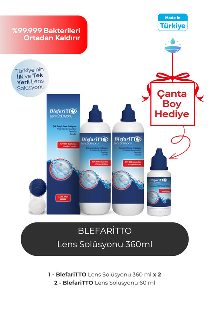 Blefaritto 2 Adet 360 ml Lens Solüsyonu Çanta Boy Tto 60 ml Çanta Boy Hediye Son Kullanım Tarihi: 01