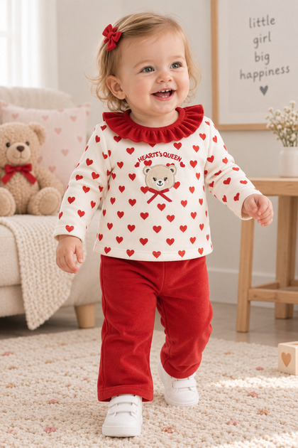 Baby Girl Velvet Bear Printed 2-Piece Set – Long Sleeve Top with Hearts + Pink Pants