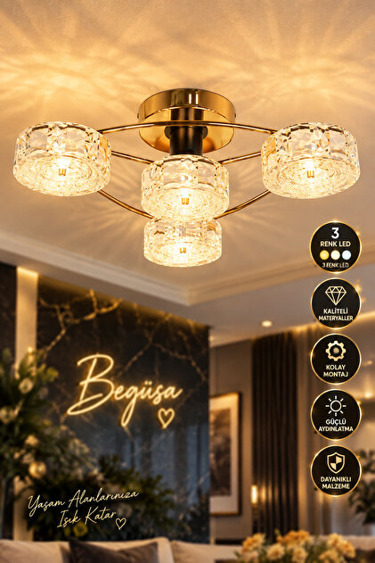 Valenta 4.Lü Avize Gold Kaplama, Modern Tavan Aydınlatma, Gold Kaplama Avize, Dekoratif Salon Aydınlatması, Oturma Odası Aydınlatması