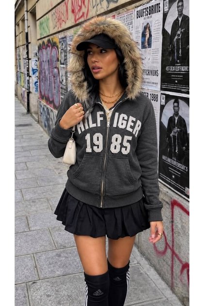 Y2k Street Kürk detaylı Gri Vintage Hırka