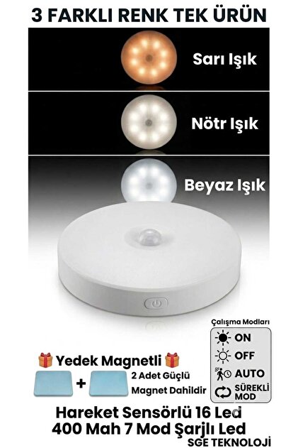 Hareket Sensörlü 16 Led 400mah 7 mod Şarjlı 3 Renk Beyaz-Gün-Nötr Işık Led Auto Dolap Içi, Koridor Type-c.