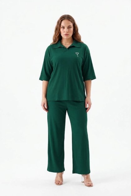 Bürümcük Fabric Brooch Detail Three Quarter Sleeve Top and Bottom Pants Set