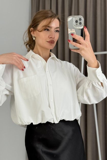 White Cotton Shirt with Collar, Long Sleeves, Cuffed Balloon Model, Pocketed, Buttoned Crop Shirt