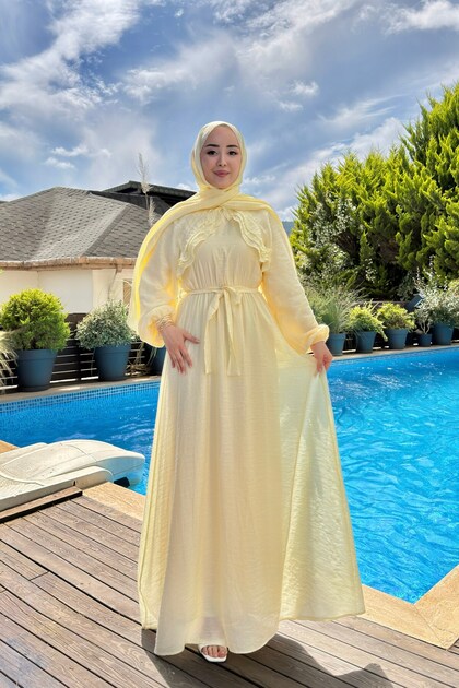 Yellow Tulle Fabric Modal Lined Belted Waist Detailed Ruffle Design Comfortable Fit Dress