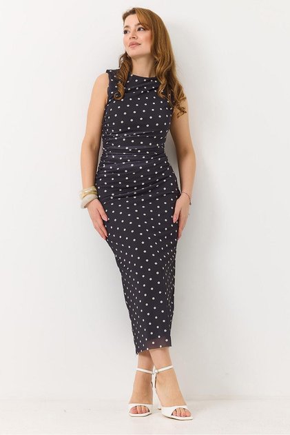 Black Tulle Fabric Sleeveless Cut-Off Dress with Draping and Polka Dot Pattern, Comfortable Fit