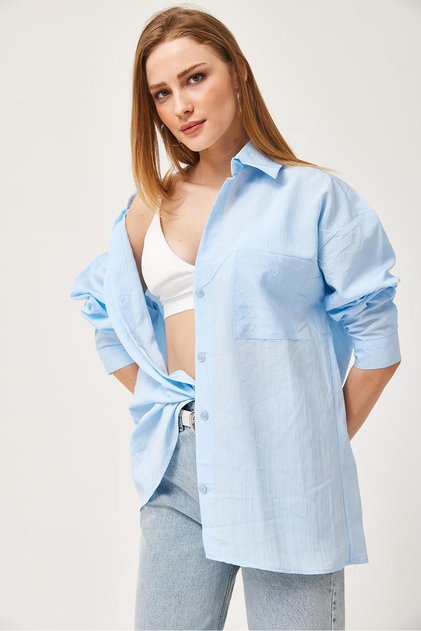 Mavi Pamuklu Poplin Kumaş Düşük Omuz Oversize Geniş Kesim Tek Cepli Düğmeli Gömlek