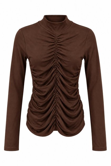 Coffee-Colored Stretchy Textured Turtleneck Long Sleeve Slim Fit Knitted Blouse with Drawstring Detail on the Front