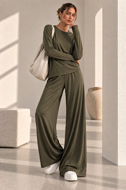 Women's Draped Modal Wide-Leg Two-Piece Set - Khaki Zg3535