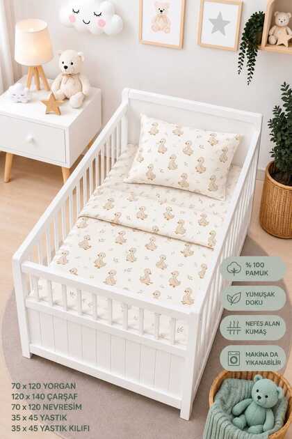 %100 Pamuklu Kumaştan Bebek Park Beşik 5 Parça Yorgan Ve Nevresim Takımı (70 X 120 CM)