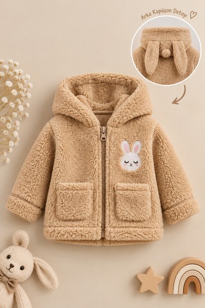 Baby Girl Rabbit Embroidered Plush Welsoft Winter Cardigan with Zipper Pocket - Brown