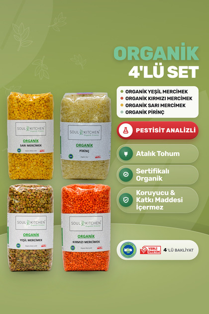 Organik Sarı Mercimek, Yeşil Mercimek, Kırmızı Mercimek, Pirinç Dörtlü Set 4x750 g