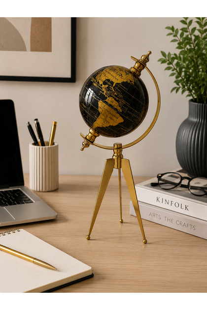 Atlas 32 cm Metal Dekoratif Dünya Küresi Gold Siyah Ofis Masaüstü Küre Biblo 16 cm Genişlik