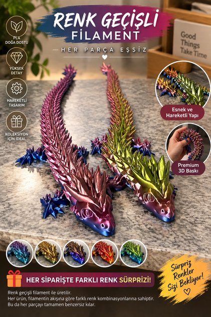 Rainbow Dragon Eklemli Hareketli 3D Baskı Figür, Renk Geçişli Kristal Ejderha 45 cm