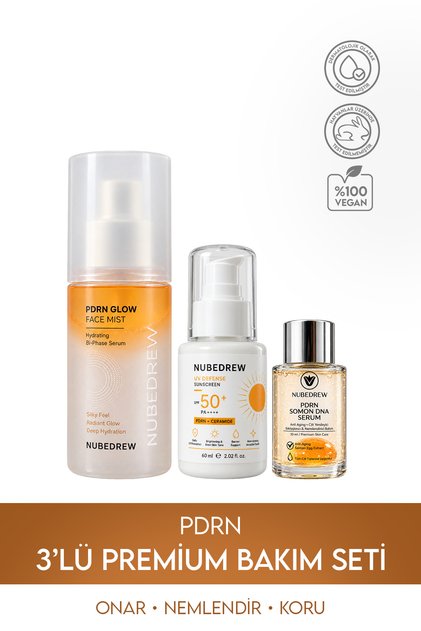 PDRN Premium Bakım Seti – PDRN Somon DNA Serum + Glow Face Mist + SPF50+ Ceramide Güneş Kremi | Nemlendirici, Aydınlatıcı ve Cilt Bakım Seti