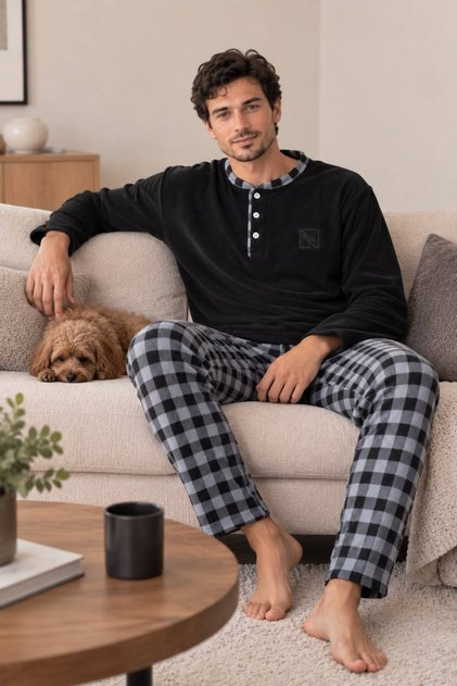 Premium Kalite Siyah Kışlık Erkek Ekose Polar Pijama Takımı