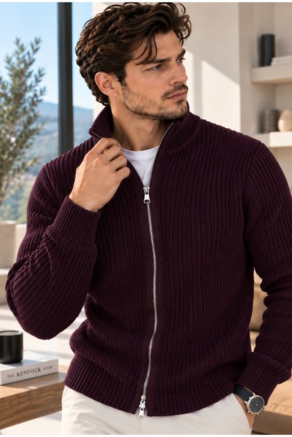 Erkek Fermuarlı Dik Yaka Kalın Örgü Dokulu Slim Fit Şık Günlük Hırka