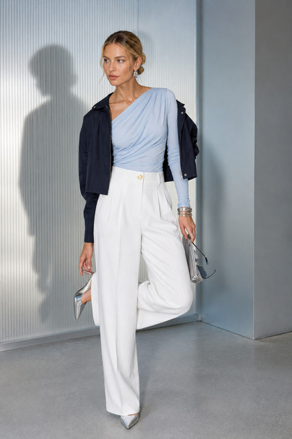 White Pleated Palazzo Trousers with Elastic Back