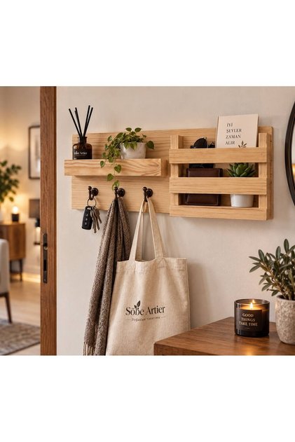 Doğal Ahşap Duvar Organizer Anahtarlık Askılık Açık Meşe Vernik 30*20 cm