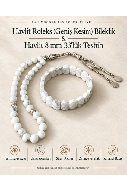 Certified Howlite Wide Cut Bracelet & Howlite 8 mm 33-Piece Natural Stone Prayer Beads Set