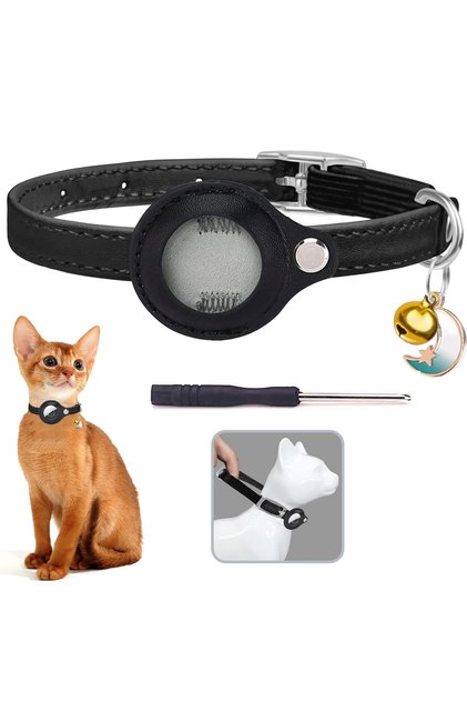 No Airtag Tracker Black(No AirTag) Leather AirTag Cat Collar with Bell -Elastic band Kitten Collar w