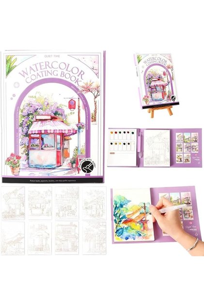 Watercolor Stress Relief Kit, All in One Travel Art Set with Watercolor Workbook and Pad, DIY 3 Fold