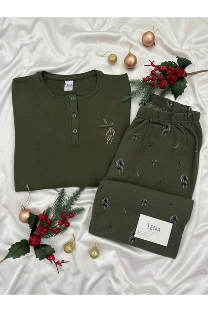 Khaki Olive Patterned Patched Long Sleeve Waffle Pajama Set