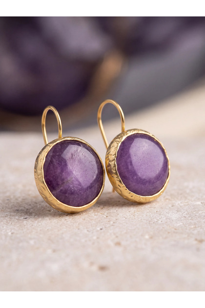 Purple Natural Stone Detailed Gold Color Women's Earrings