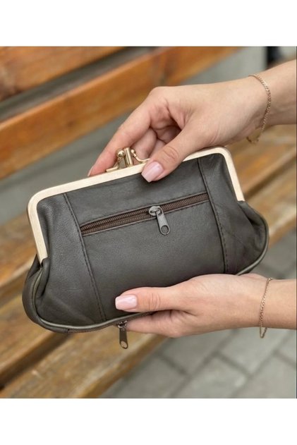 Women's Genuine Leather Clip Wallet - Zippered Multi-Compartment Metal Framed Scholarship Wallet